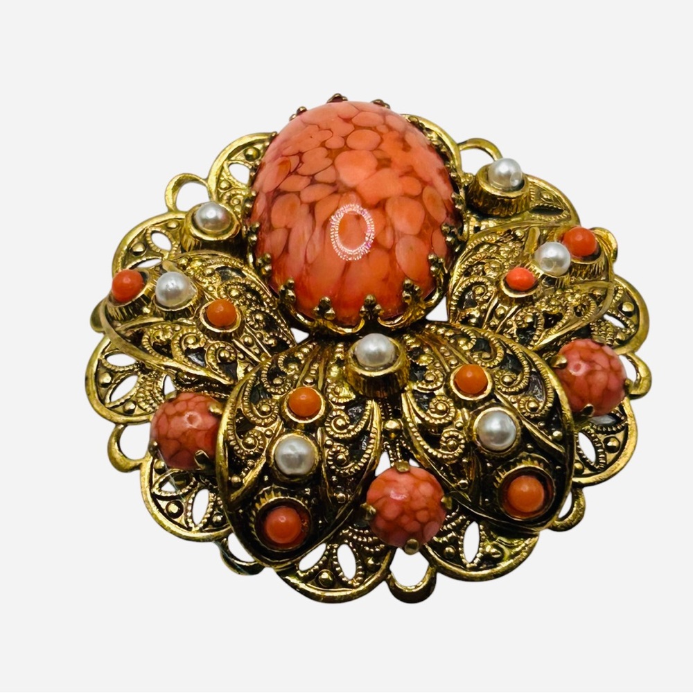 Fabulous Coral Art Glass and Faux Pearl W.German Brooch